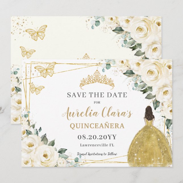 Reserva La Fecha Floral de marfil blanco Quinceanera dulce 16 princ (Anverso / Reverso)