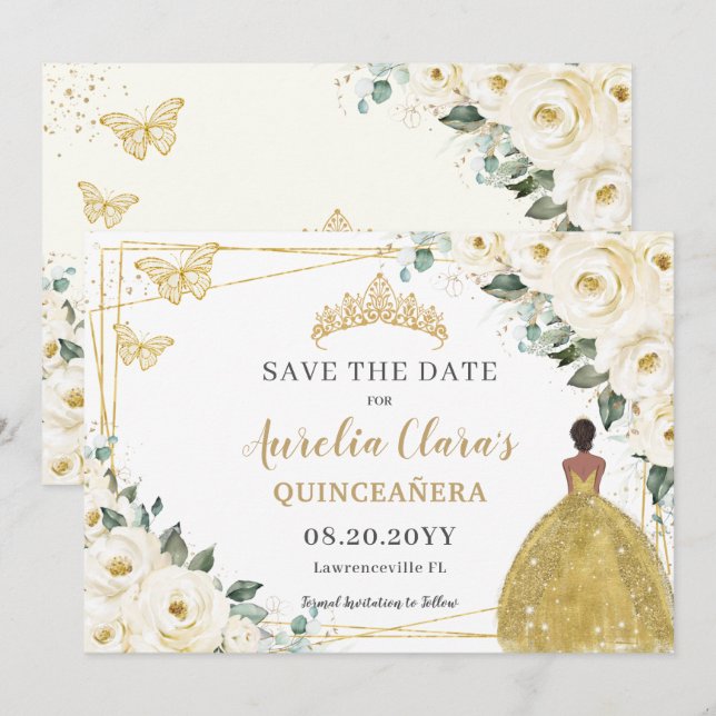 Reserva La Fecha Floral de marfil blanco Quinceanera dulce 16 princ (Anverso / Reverso)