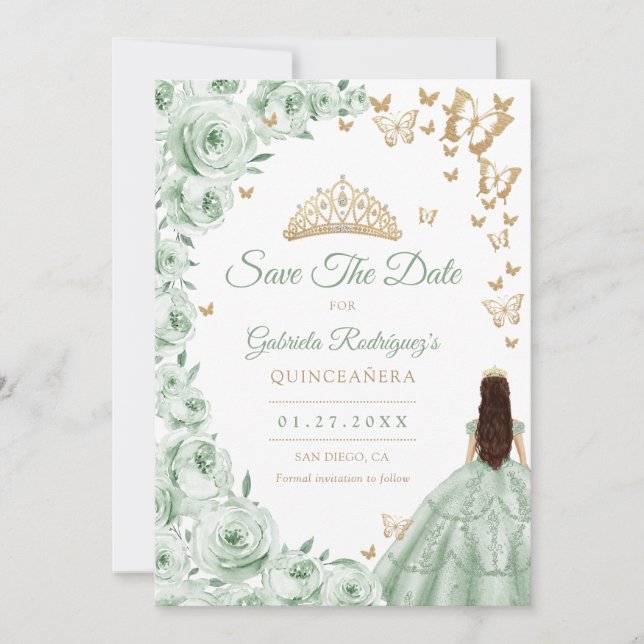 Reserva La Fecha Floral de oro verde sabio Quinceanera (Anverso)