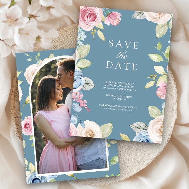 Reserva La Fecha Floral de primavera suave Boda azul turbio (Subido por el creador)