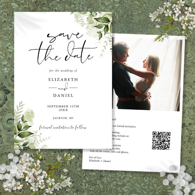 Reserva La Fecha Floral de vegetación rústica foto Boda de código Q (Rustic Greenery Floral Photo QR Code Wedding Save The Date)