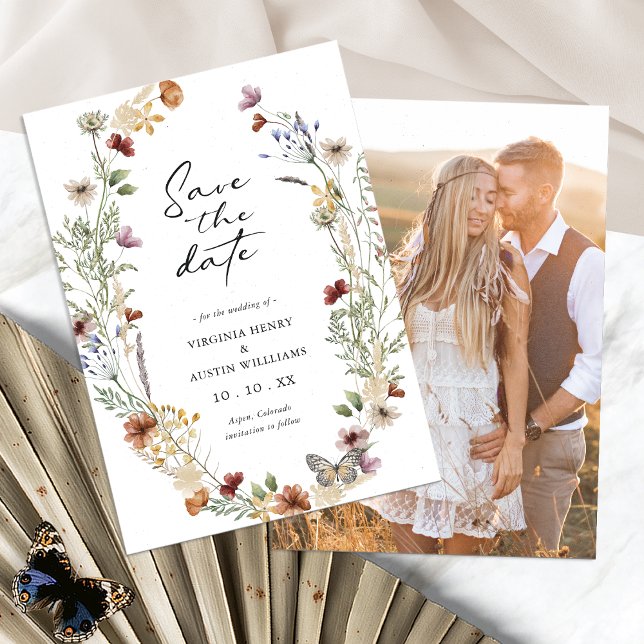 Reserva La Fecha Floral del Boho Blanco salva la fecha (White Boho Floral Save The Date Card with Photo by Painted Paperie
)