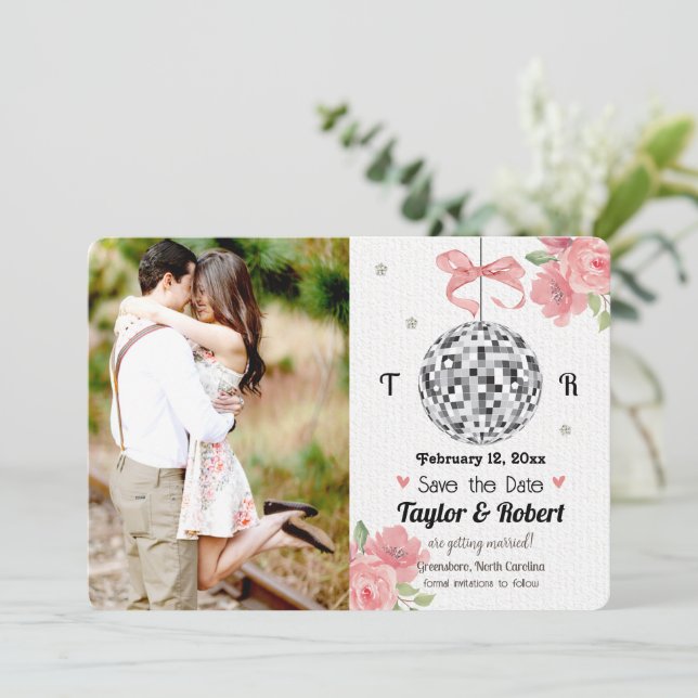Reserva La Fecha Floral Disco Ball Wedding Save the Date (Anverso de pie)