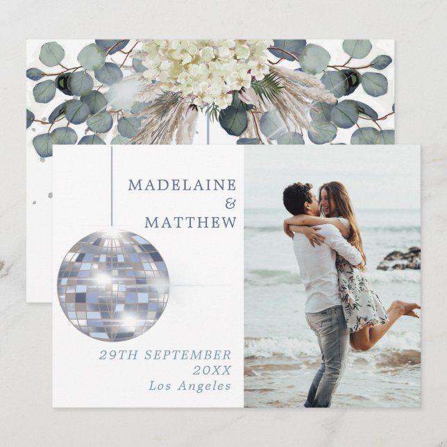 Reserva La Fecha Floral Dusty Blue Eucalyptus Elegante Boda (Anverso / Reverso)