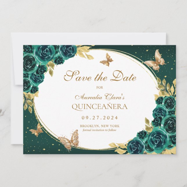 Reserva La Fecha Floral Esmeralda Oro Tiara Mariposa Quinceañera (Anverso)