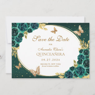 Reserva La Fecha Floral Esmeralda Oro Tiara Mariposa Quinceañera