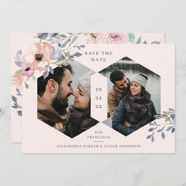 Reserva La Fecha Floral geométrica rosa y Subió de Rubor | Dos foto (Anverso / Reverso)