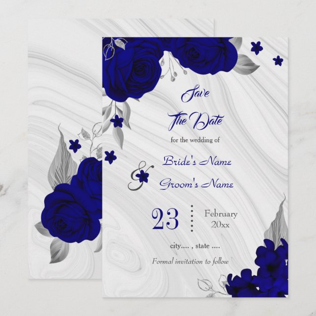 Reserva La Fecha floral gris plateado azul real elegante (Anverso / Reverso)