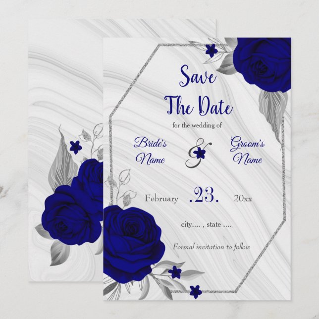 Reserva La Fecha floral gris plateado azul real elegante (Anverso / Reverso)
