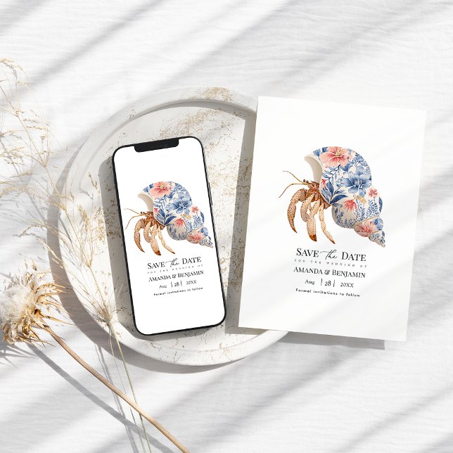 Reserva La Fecha Floral Hermit Crab Coastal Beach Wedding Nautical (Floral Hermit Crab Coastal Beach Wedding Nautical Save The Date)