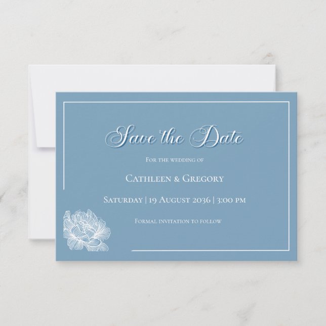 Reserva La Fecha Floral Line Art Dusty Blue White Wedding (Anverso)