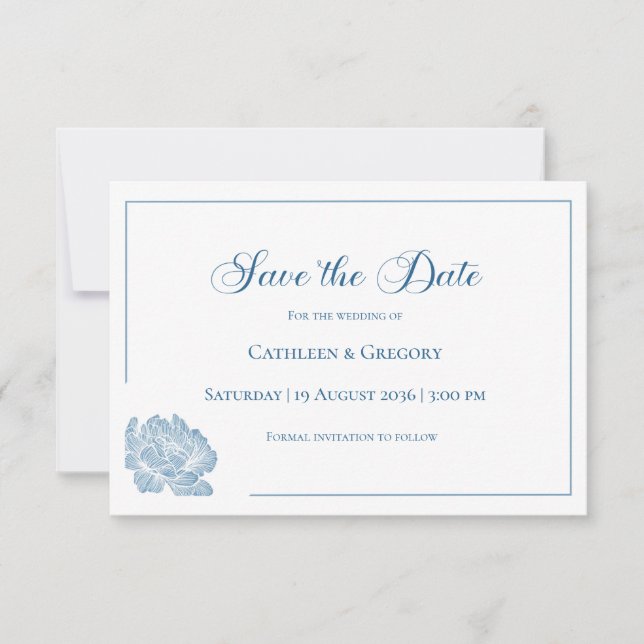 Reserva La Fecha Floral Line Art White Dusty Blue Wedding  (Anverso)