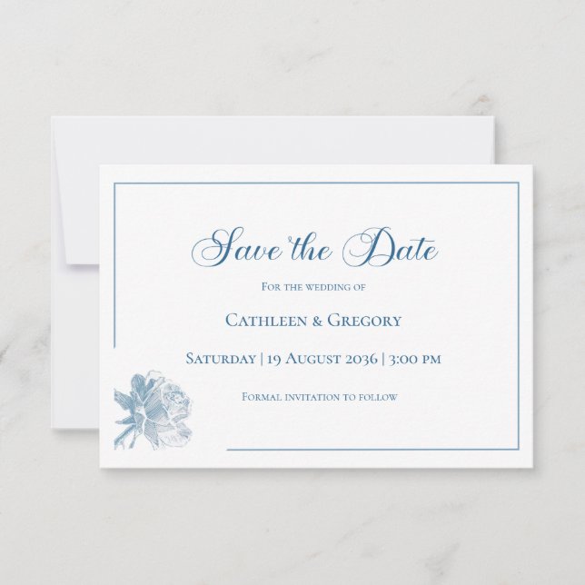Reserva La Fecha Floral Line Art White Dusty Blue Wedding  (Anverso)