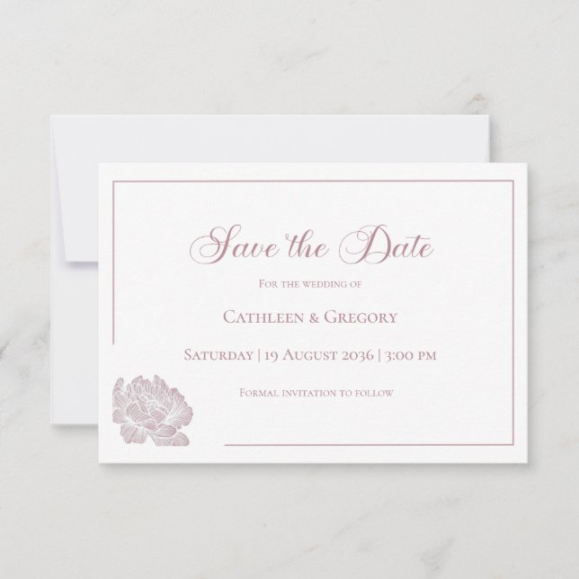 Reserva La Fecha Floral Line Art White Dusty Rose Wedding  (Anverso)
