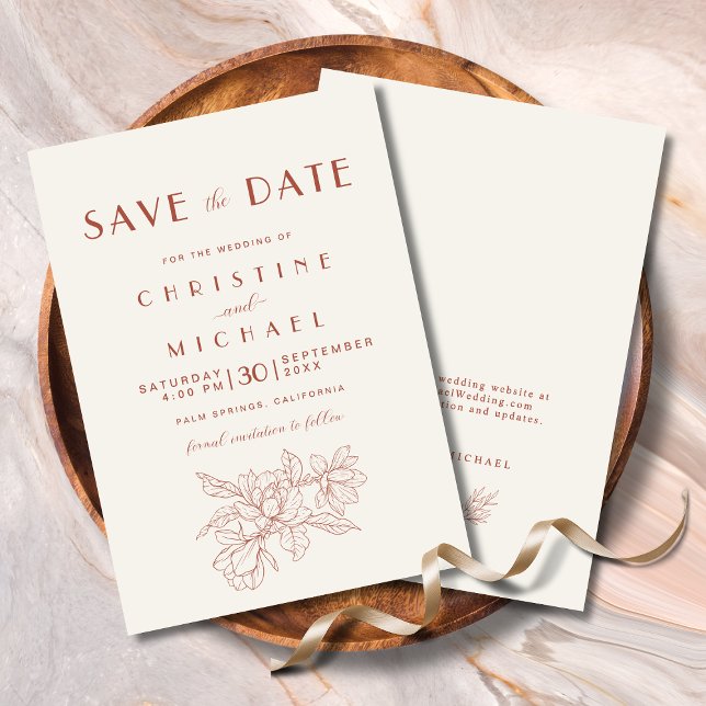 Reserva La Fecha Floral Marfil Terracotta Elegante Boda (Floral Ivory Terracotta Elegant Wedding Save the Date Invitation with Magnolia Line Art, Website.)
