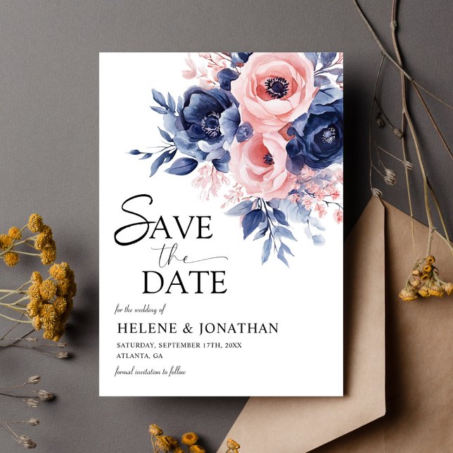 Reserva La Fecha Floral Marina Azul Rubor Boho Rosa Elegante Boho (Floral Navy Blue Blush Pink Boho Elegant Wedding Save The Date)