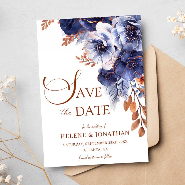 Reserva La Fecha Floral Marina Azul Terracota Boho Elegante Boho (Floral Navy Blue Terracotta Boho Elegant Wedding Save The Date)