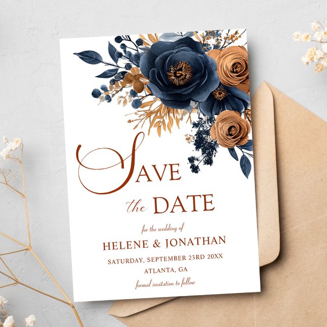 Reserva La Fecha Floral Marina Azul Terracota Jardín Elegante Boda (Floral Navy Blue Terracotta Garden Elegant Wedding Save The Date)