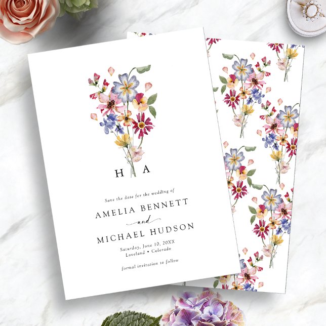 Reserva La Fecha Floral Monogramada Colorida (Colorful Monogrammed Floral Save The Date by Painted Paperie
)