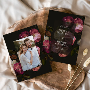 Reserva La Fecha Floral oscuro burgundy, elegante y romántico negro