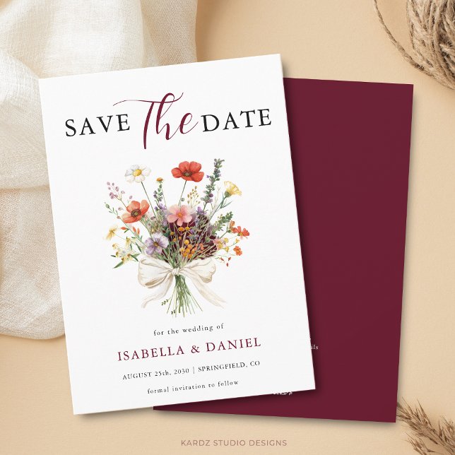 Reserva La Fecha Floral para Boda Burdeos (Card is shown in 4.5 x 6.25 inches with square corners. Choose size, corner and paper style.)