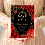 Reserva La Fecha Floral Quinceanera Black Red Gold<br><div class="desc">Black red gold Quinceanera celebration save the date card. Features brunette girl in ball gown dress,  script font,  gold butterflies,  watercolor roses and tiara. Perfect for an elegant princess style glam celebration. Personalize with your own details. Printed Zazzle cards or instant download digital printable template.</div>