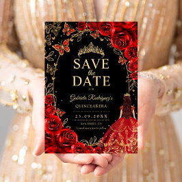 Reserva La Fecha Floral Quinceanera Black Red Gold