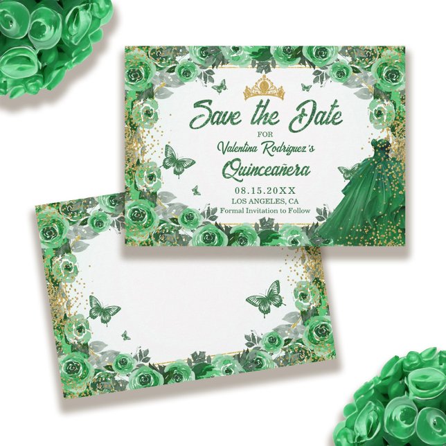 Reserva La Fecha Floral Quinceanera, Purpurina de oro verde esmeral (Emerald Green Gold Glitter Floral Quinceanera Save The Date)