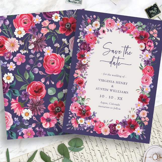 Reserva La Fecha Floral roja (Navy Blue Red Watercolor  Floral Save The Date Card by Painted Paperie
)
