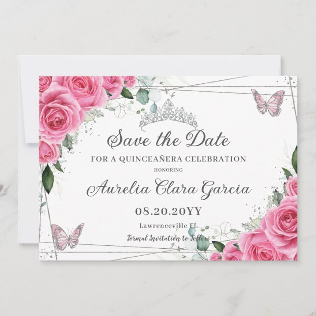 Reserva La Fecha Floral Rosa Plateada Quinceañera XV Dulces 16 (Anverso)