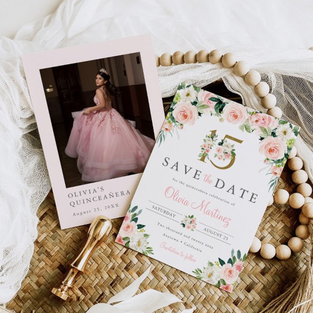 Reserva La Fecha Floral rosa Quinceañera Salven a los Rosas de foto (Subido por el creador)