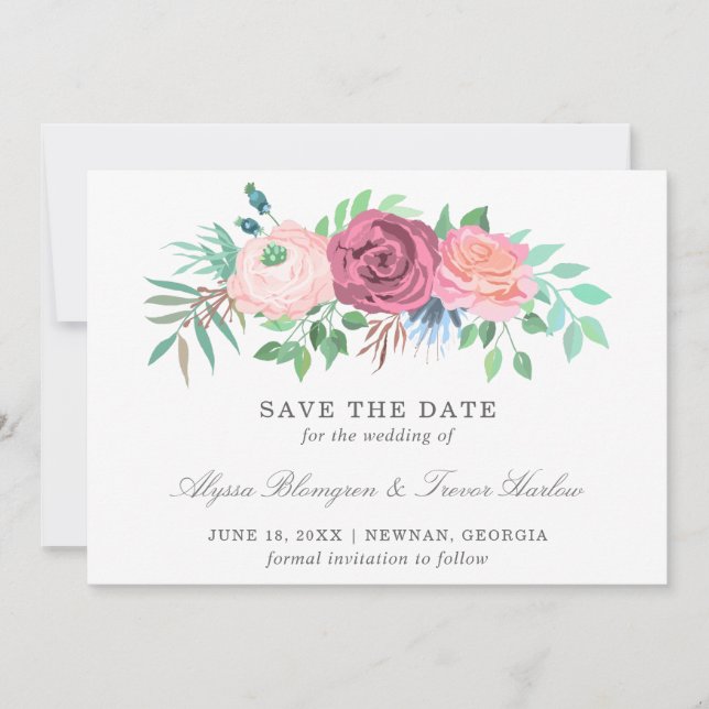 Reserva La Fecha Floral rosa sin Boda fotográfico (Anverso)