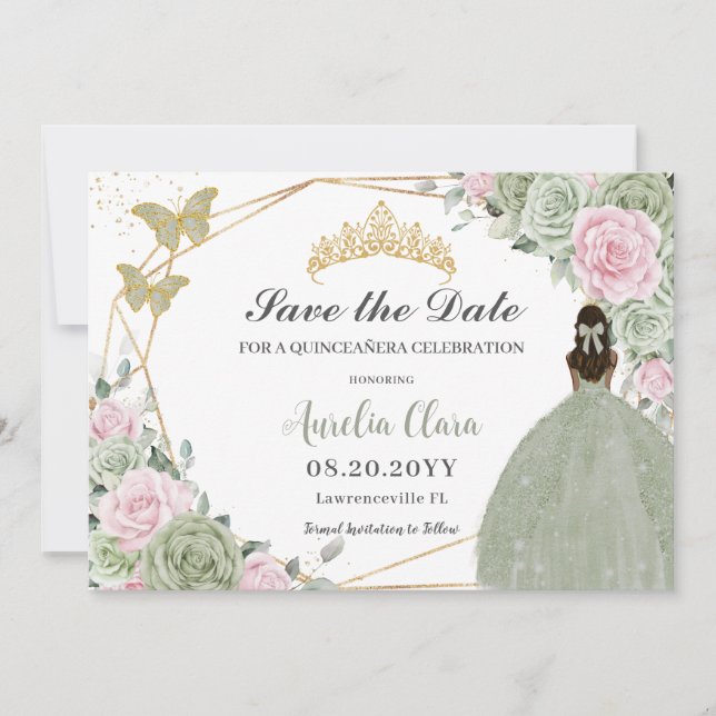 Reserva La Fecha Floral rosa verde sabio Quinceanera Tan Princesa (Anverso)