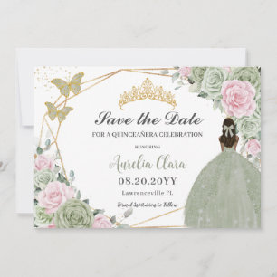 Reserva La Fecha Floral rosa verde sabio Quinceanera Tan Princesa
