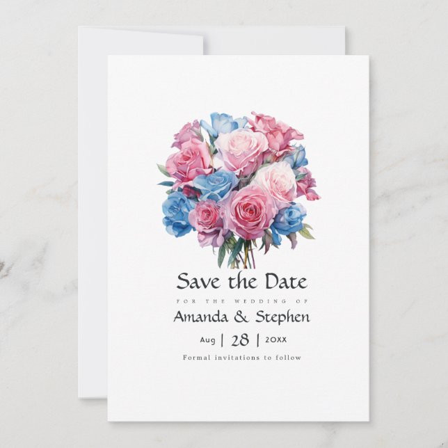 Reserva La Fecha Floral rosa y azul para boda (Anverso)
