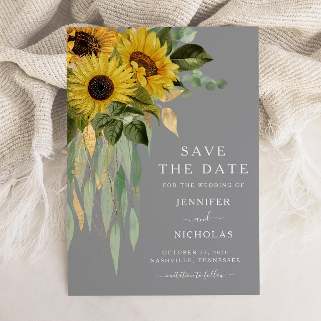 Reserva La Fecha Floral rusa de girasoles grises salva el (Elegant Gray Sunflower Wedding Save The Date)