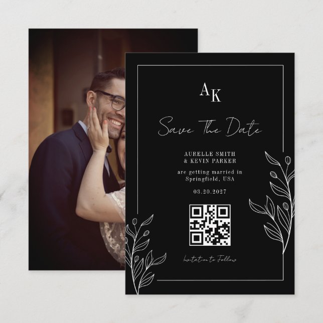 Reserva La Fecha Floral Rustic Black Elegant Photo Back QR Wedding (Anverso / Reverso)