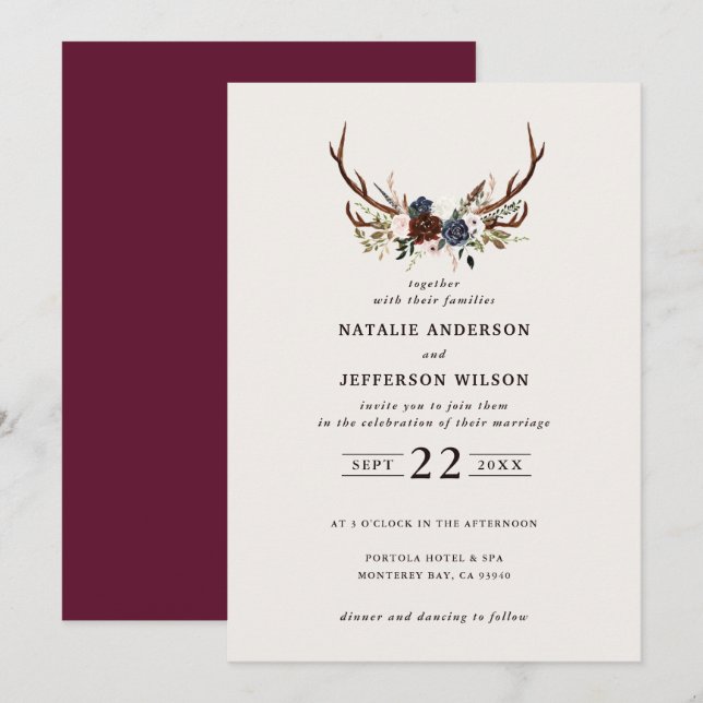 Reserva La Fecha Floral rústica y antángulos boda marina borgoña (Anverso / Reverso)