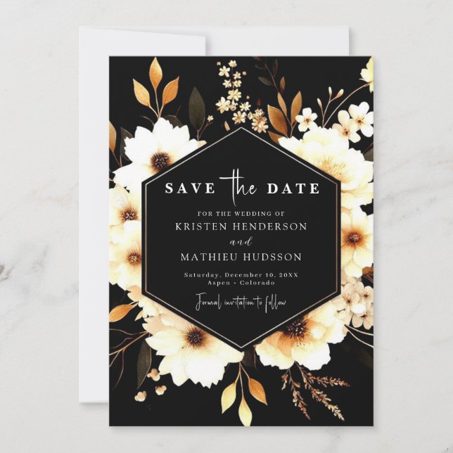 Reserva La Fecha Floral Rústico Gold y Boda negro (Anverso)