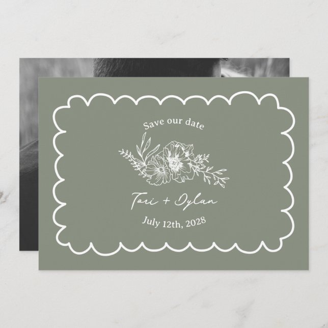 Reserva La Fecha Floral Sage Green Botanical Save The Date Photo (Anverso / Reverso)
