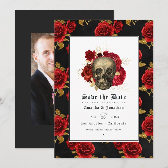 Reserva La Fecha Floral Skull Boda gótico Foto (Anverso / Reverso)
