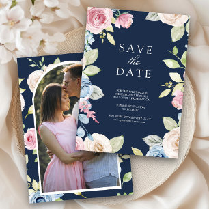 Reserva La Fecha Floral suave de primavera Foto boda azul marino