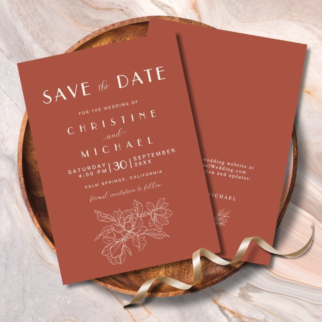 Reserva La Fecha Floral Terracotta Elegante Boda (Elegant Floral Terracotta Wedding Save the Date Invitation with Magnolia Flower, Wedding Website.)