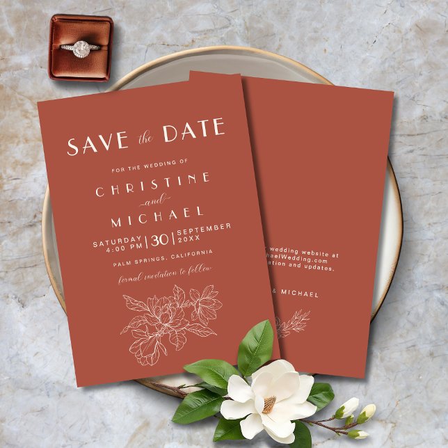 Reserva La Fecha Floral Terracotta Elegante Boda BOHO (Floral Terracotta Elegant Wedding BOHO Save the Date Invitation with Magnolia Flowers, Website.)