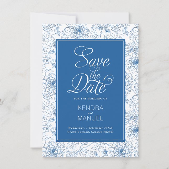 Reserva La Fecha Floral Toile French Blue Chinoiserie Boda (Anverso)