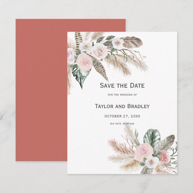 Reserva La Fecha Floral Tropical Hierba de Pampas, Plumas, Rústico  (Anverso / Reverso)