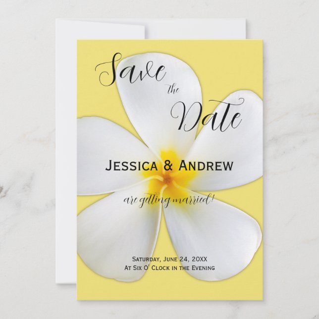 Reserva La Fecha Floral tropical, Plumeria blanca en amarillo, Boda (Anverso)