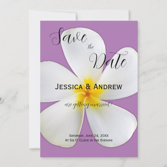 Reserva La Fecha Floral Tropical, Plumeria Blanca, Lavanda, Boda (Anverso)