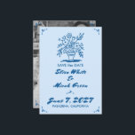 Reserva La Fecha Floral Vase Rústica Sketch Whimsical Blue Photo<br><div class="desc">Perfecta tarjeta linda para divertirse, ahorre la fecha! ¡La mano hizo arte para ti! ¡TODO PERSONALIZABLE! Haga clic en "Personalizar" para editar el texto y añadir la foto al fondo. Haga clic en "editar usando la herramienta de diseño" para ajustar las fuentes, los colores y las colocaciones y para borrar...</div>