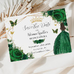 Reserva La Fecha Floral verde esmeralda Princesa Dorada Quinceañera<br><div class="desc">Personalice este bonito de oro geométrico floral esmeralda de color verde esmeralda Quinceañera / dulce 16 cumpleaños, salve la fecha fácil y rápidamente. Simplemente haga clic en el botón personalizar para editar los textos, cambiar las fuentes y los colores de las fuentes. Con un chica vestido con un hermoso vestido...</div>